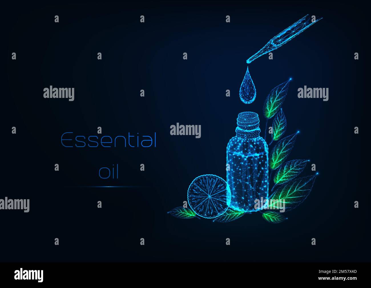 Futuristic essential oils therapy concept with glowing low polygonal pipette, bottle, oil drop, herbal leaves and lemon slice on dark blue background. Stock Vector