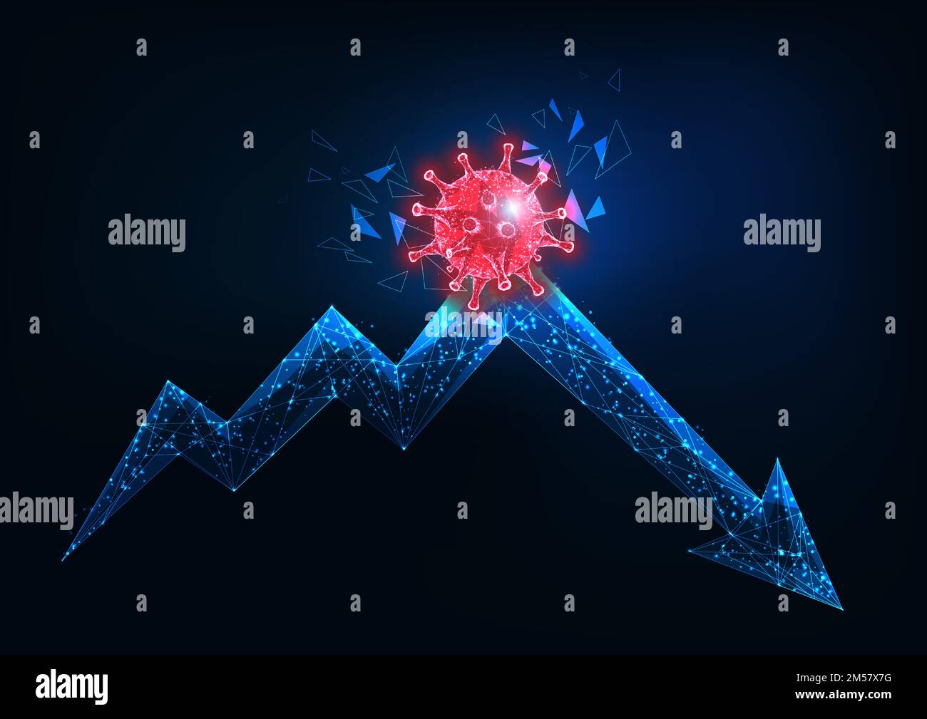 Futuristic global economy crisis concept due to coronavirus impact with glowing low polygonal red virus and downturn arrow graph in dark blue backgrou Stock Vector