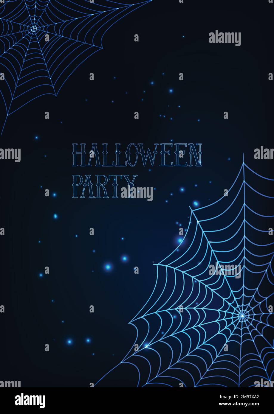 Halloween banner template with glowing spider webs and text on dark