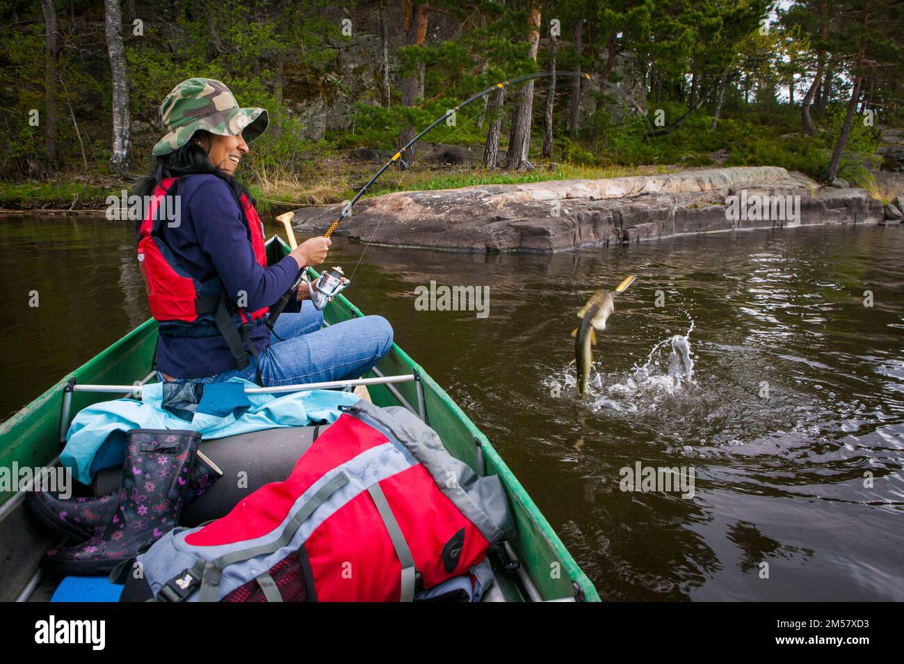 Girl handling a Northern Pike, Esox lucius, caught in the lake Vansjø, Østfold, Norway. The lake is a part of the water system called Morsavassdraget. Stock Photo