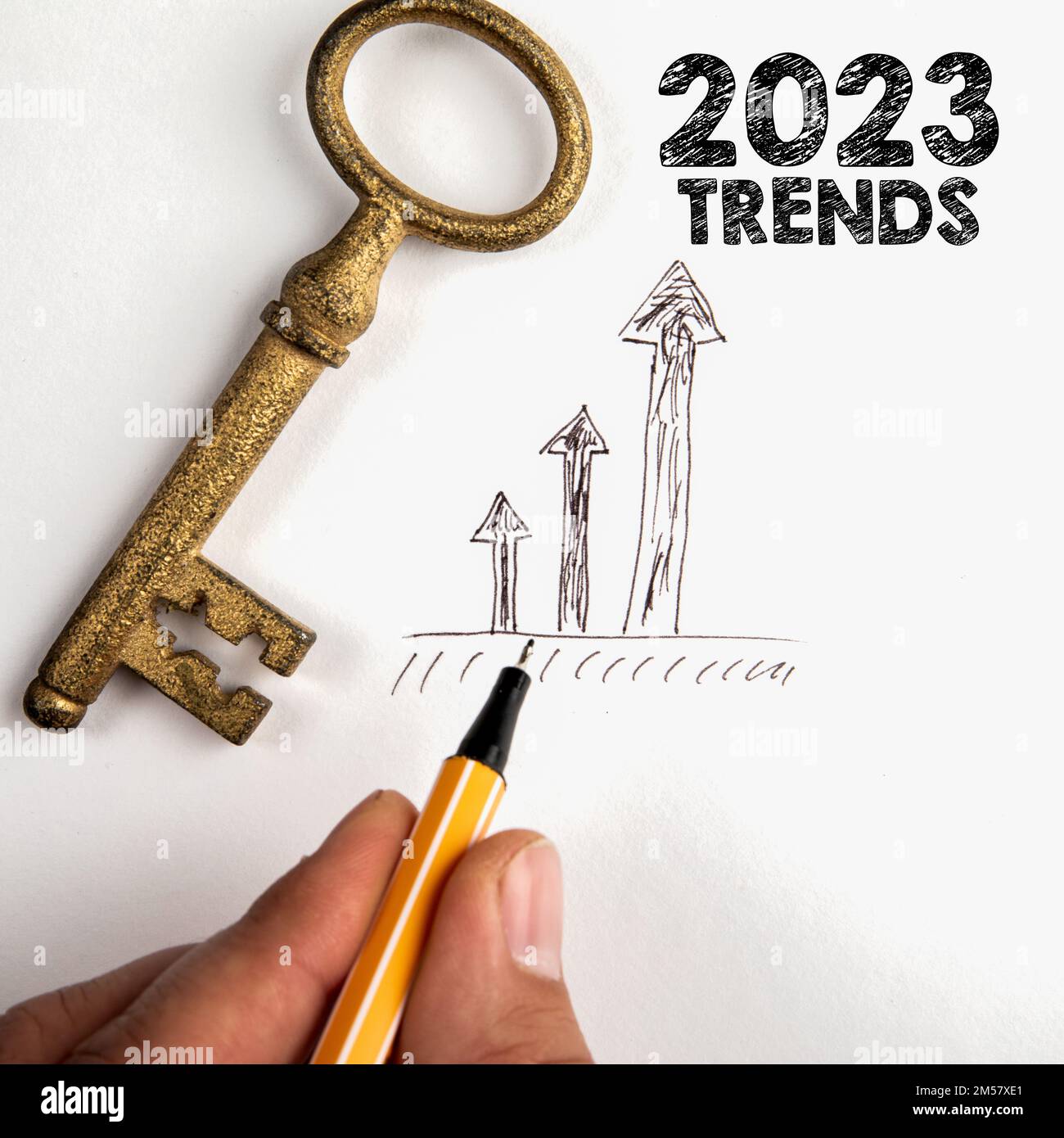 2023 TRENDS concept. Golden key and development arrows on white background. Stock Photo