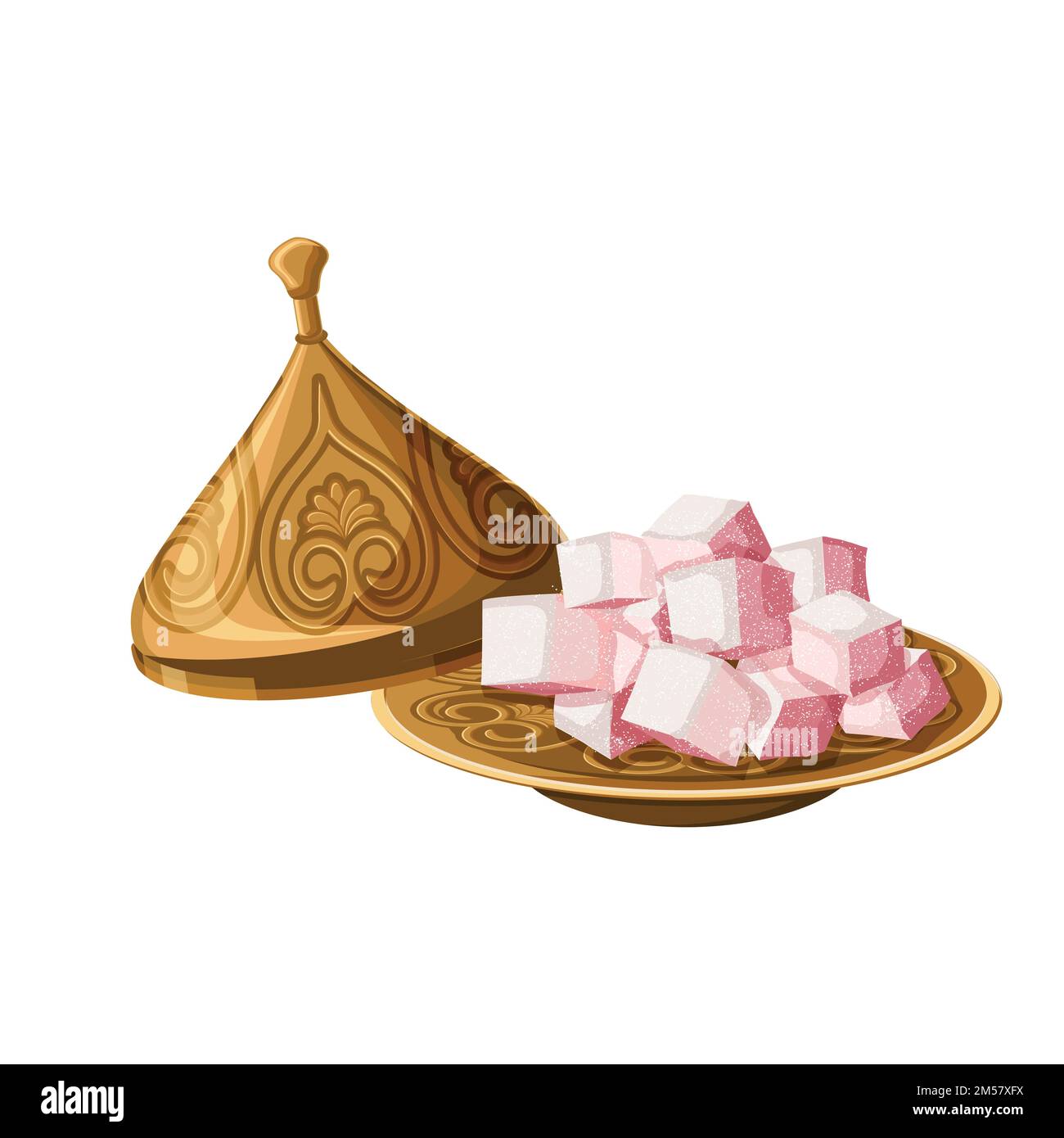 Turkish delight, locum, traditional sweets on decorated copper plate with cap isolated on white background. Turkish antique utensils series, part 5 of Stock Vector