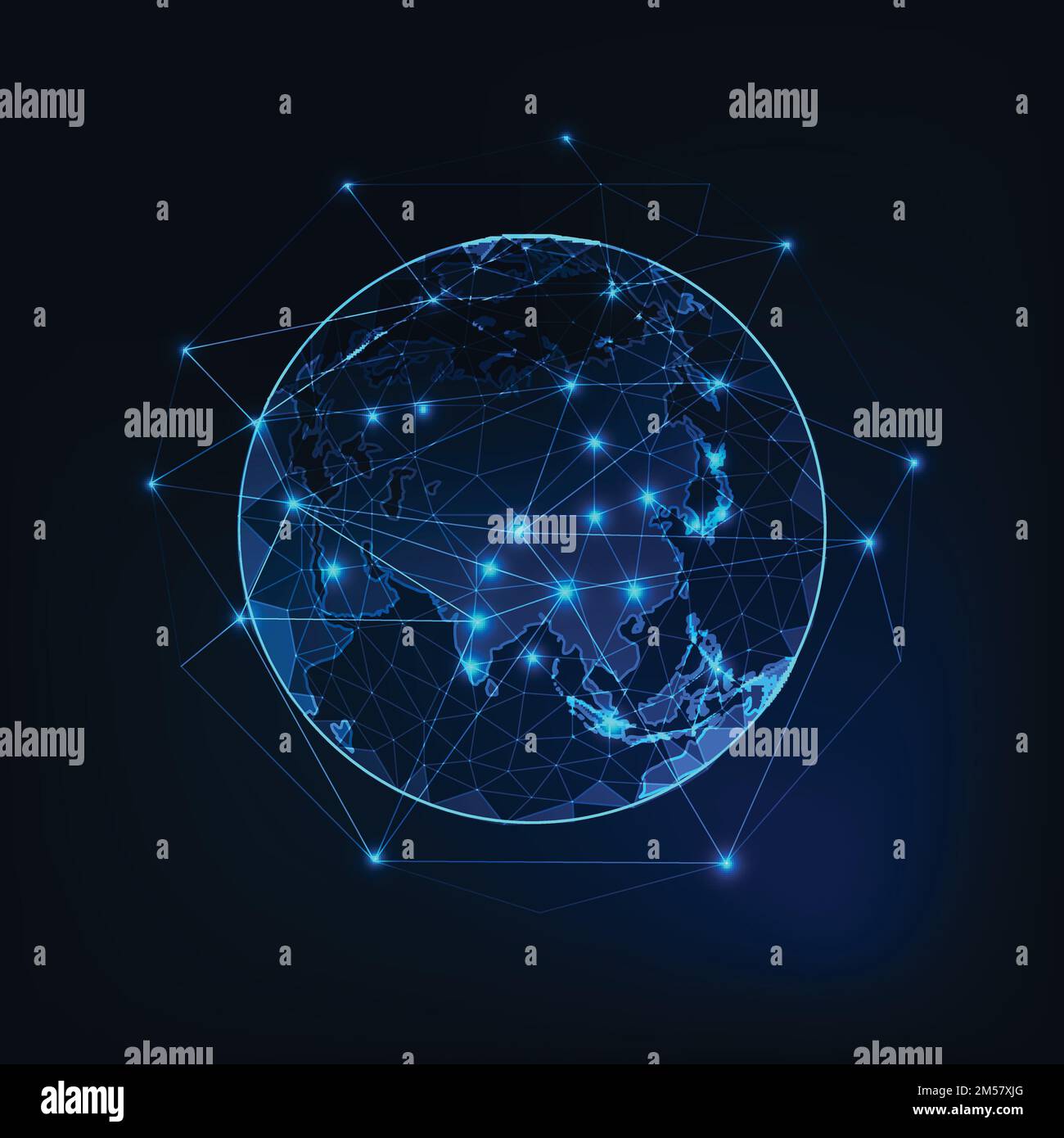 Asia map continent outline on planet Earth view from space abstract background. Globalization, connection concept. Low poly wireframe, lines and dots Stock Vector