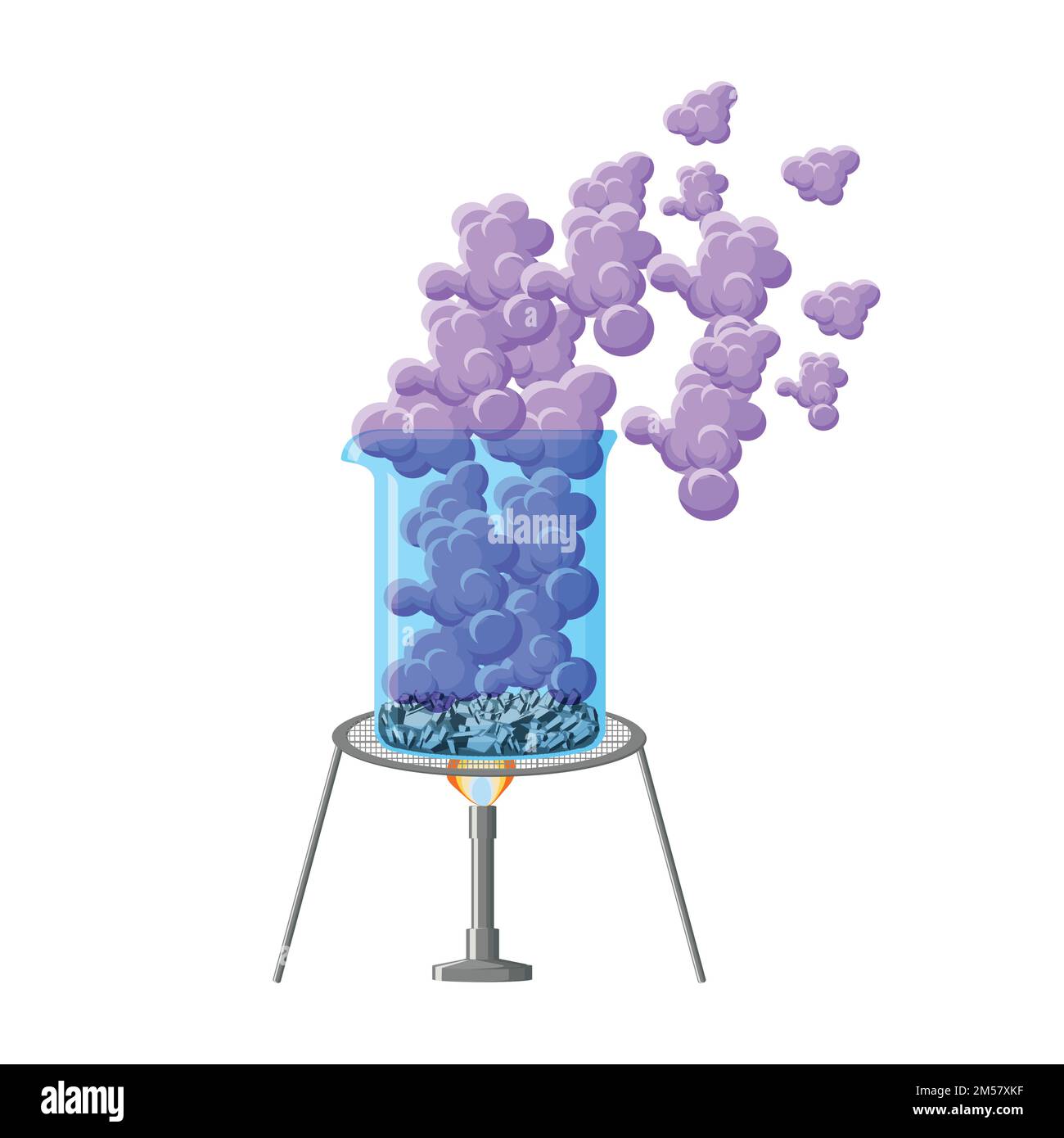 Chemical experiment showing heating beaker with crystals and smoke.Iodine sublimation. Educational chemistry. Cartoon vector illustration in flat styl Stock Vector