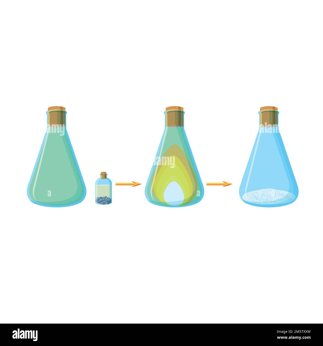 Diagram of chemical experiment which shows the reaction two active compounds with a formation of salt and heat release. Educational chemistry for kids Stock Vector