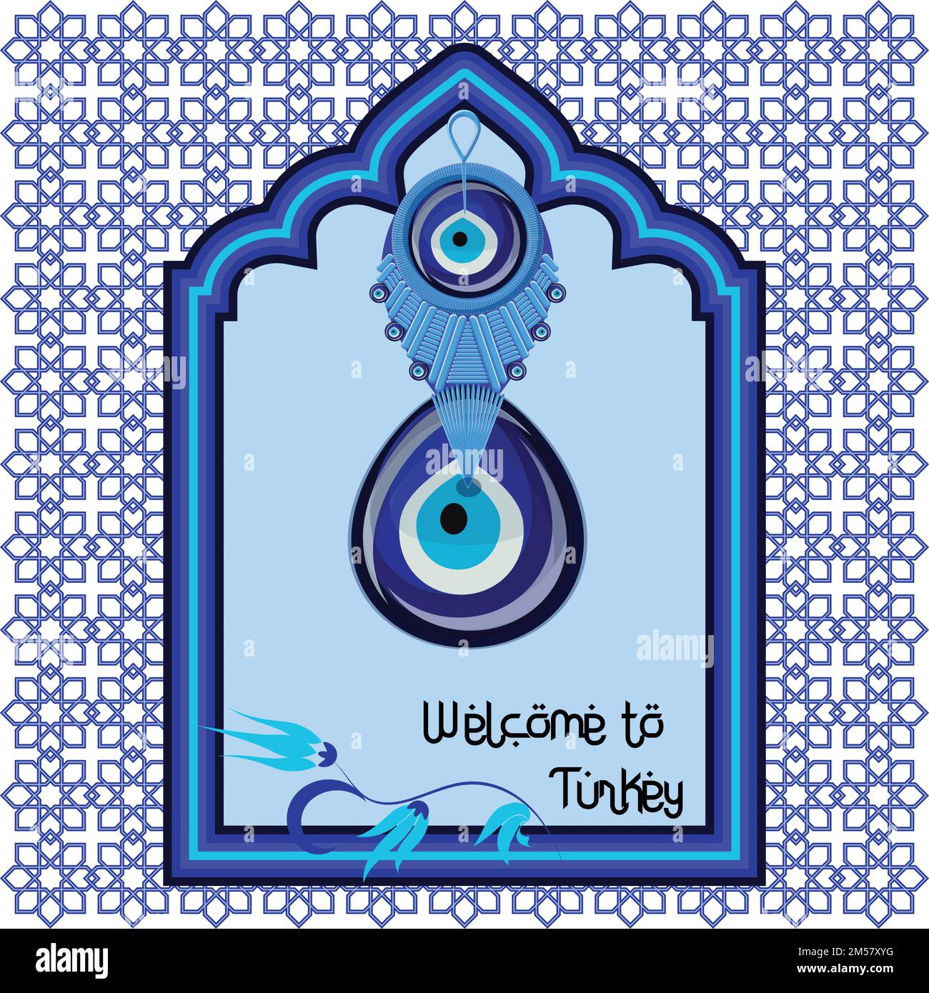 Welcome to Turkey greeting cart template with turkish traditional glass amulet boncuk, evil eye in the arch style blue window isolated on white backgr Stock Vector