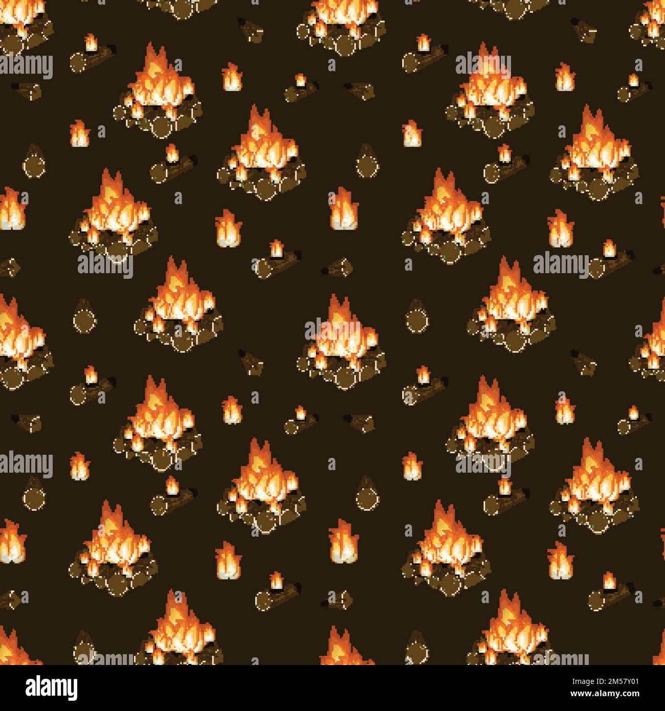 Burning bonfire, firewood and flames on dark brown background seamless ...