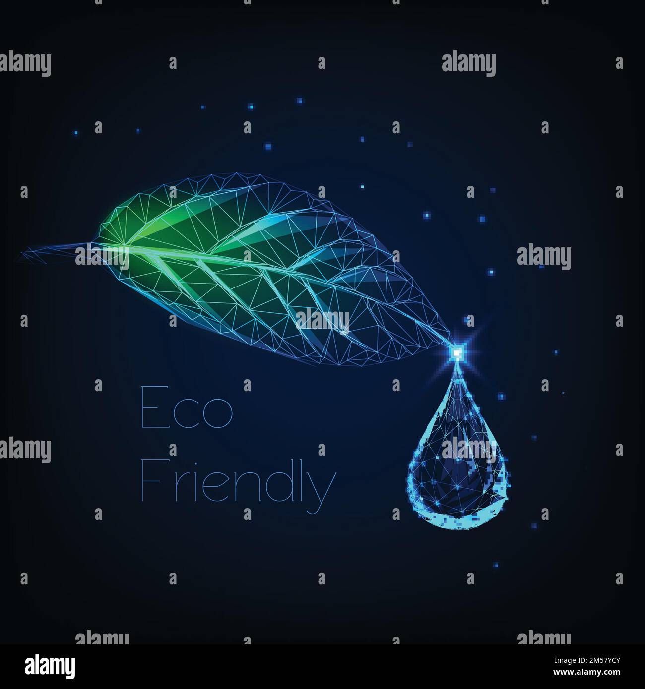 Glowing low polygonal herb leaf with water droplet and text eco friendly on dark blue background. Ecology, alternative medicine concept. Futuristic wi Stock Vector