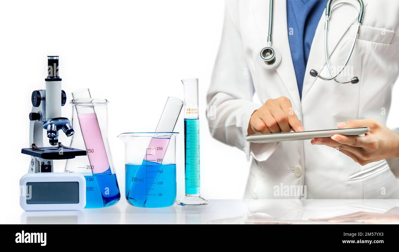 Science Lab Snapshot Female scientists with stethoscopes use a tablet with colorful ...