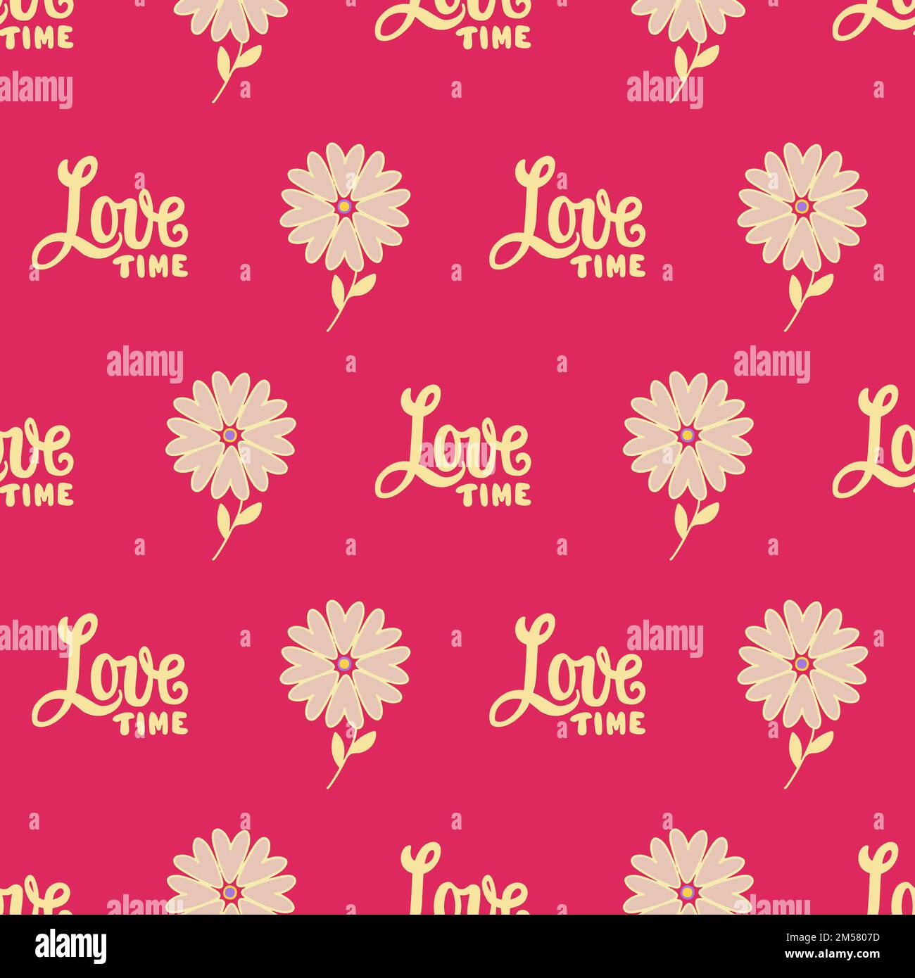 Bright red pattern with flowers and text Love Time. Stock Vector