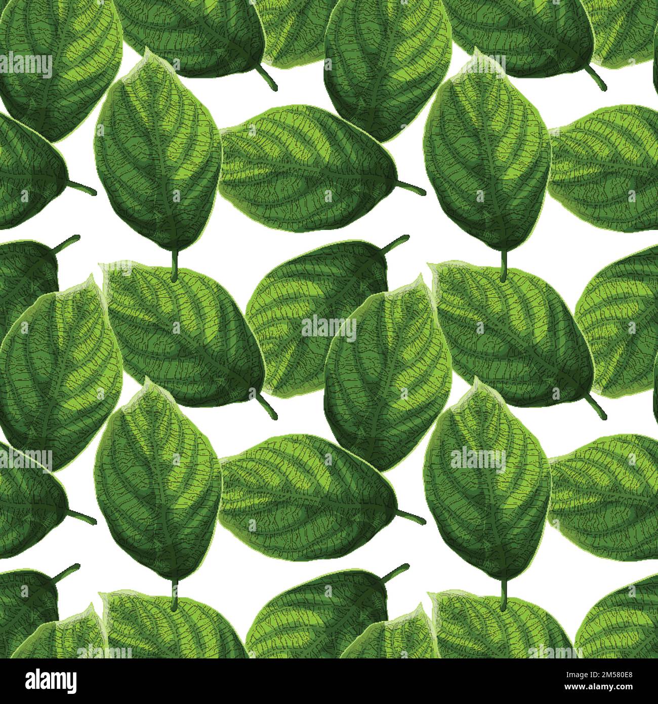 Bright and colorful textured green leaves on white background seamless pattern. Cartoon style vector illustration. Stock Vector