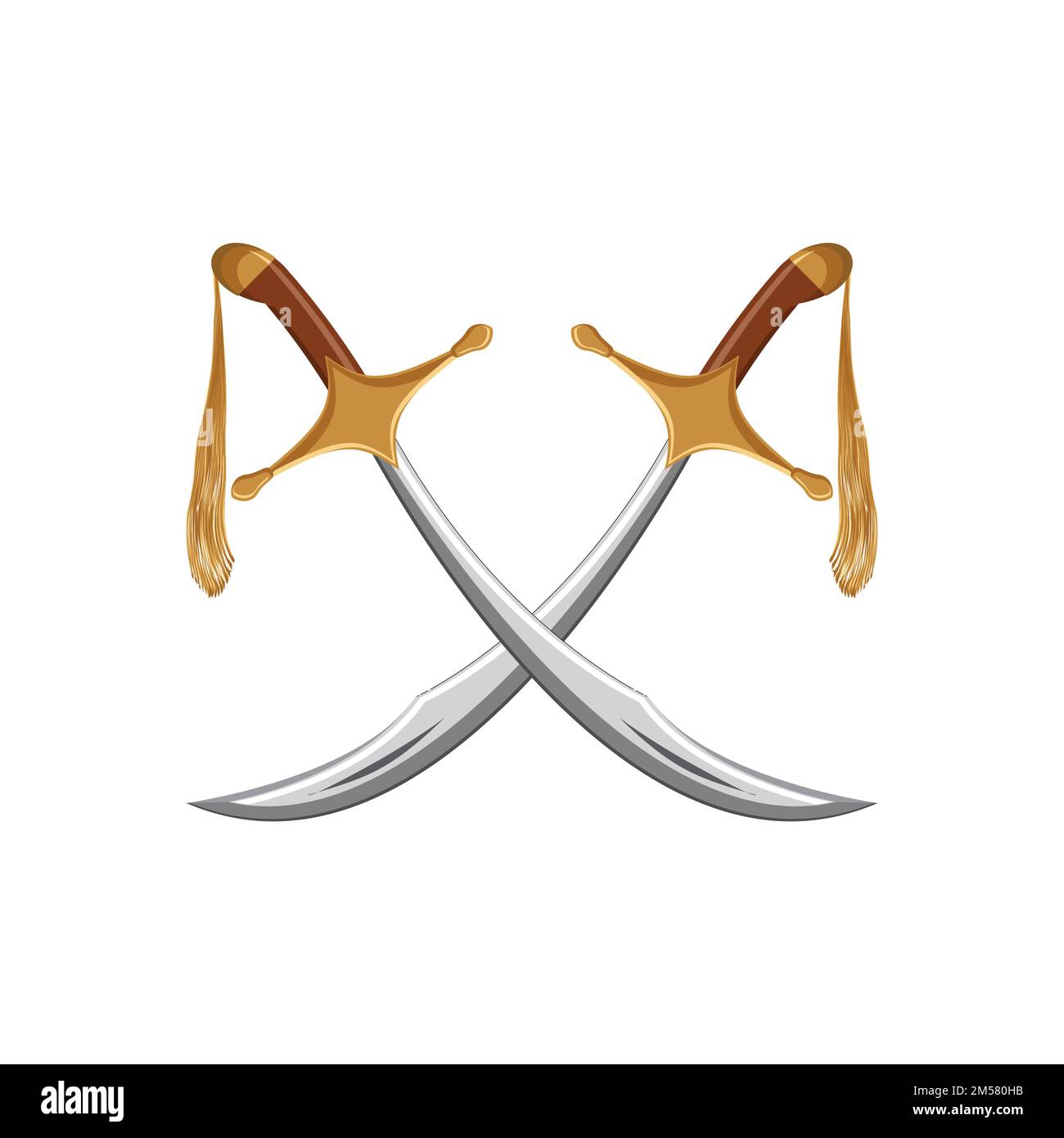 A pair of traditional turkish swords scimitar isolated on white background. Arabic antique souvenirs. Cartoon vector illustration. Stock Vector