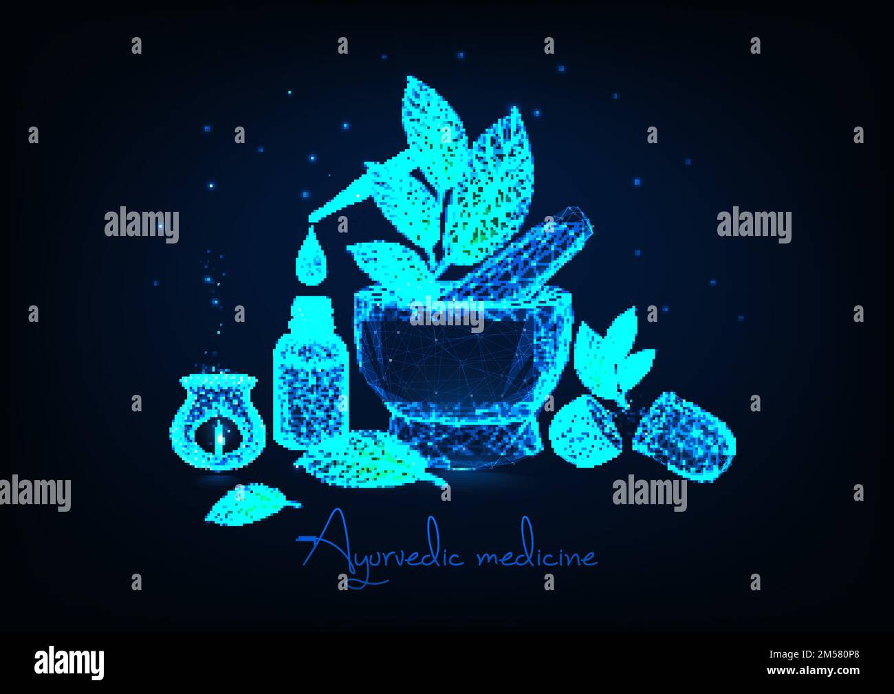 Ayurvedic medicine concept with glowing low polygonal mortar, leaves, essential oil bottle and pipette, herbal pills and aromalamp on dark blue backgr Stock Vector