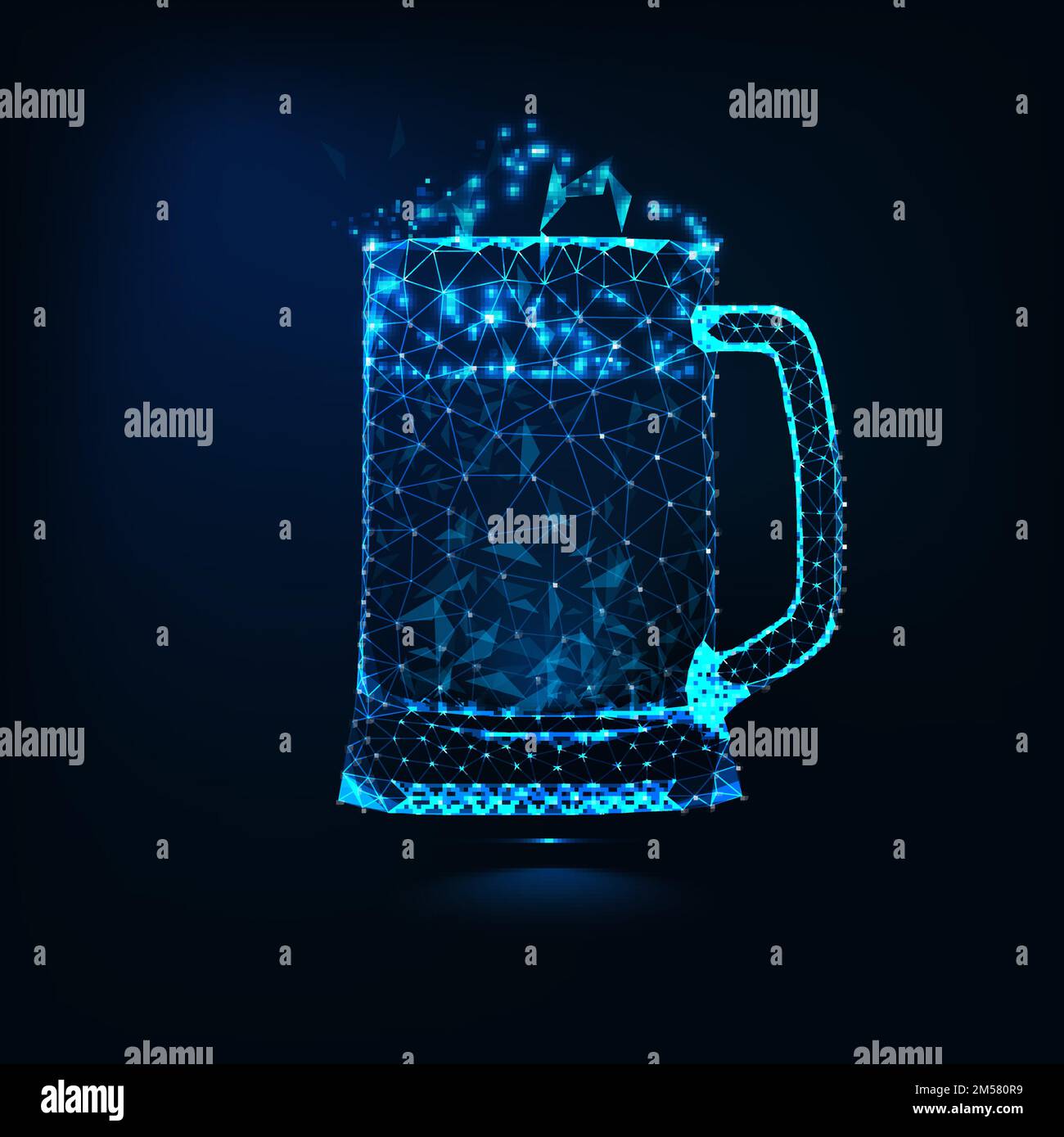 Glowing low poly full glass mug of fresh cold beer with foam made of lines, stars, and triangles on dark blue background. Brewing technology concept. Stock Vector