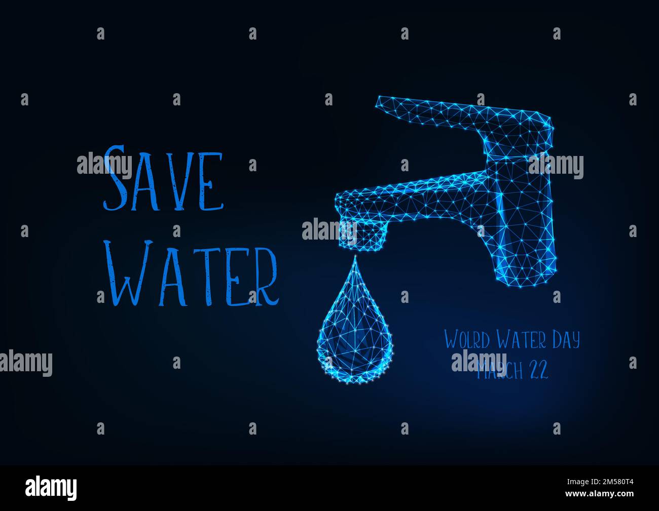 World Water day March 22 poster template with glowing low poly bathroom faucet with water drop and message Save water on dark blue background. Futuris Stock Vector