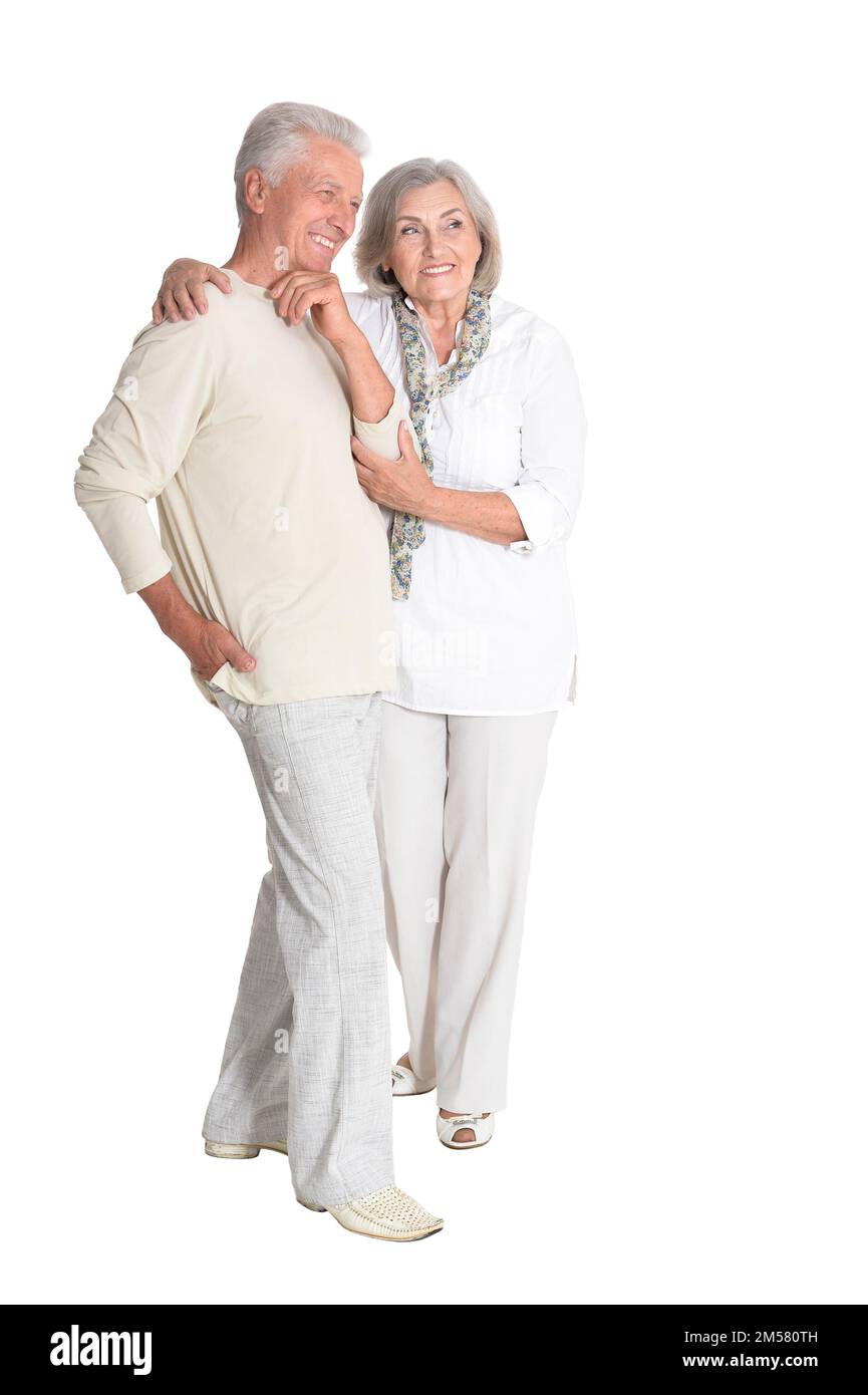 Senior Couple Hugging Isolated On White Background Full Length Stock