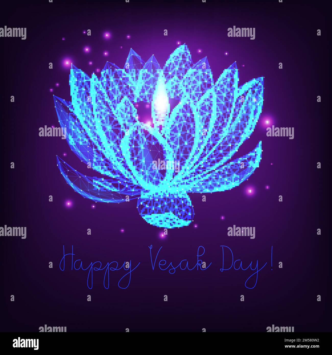 Happy Vesak day greeting card template with glowing low polygonal lotus