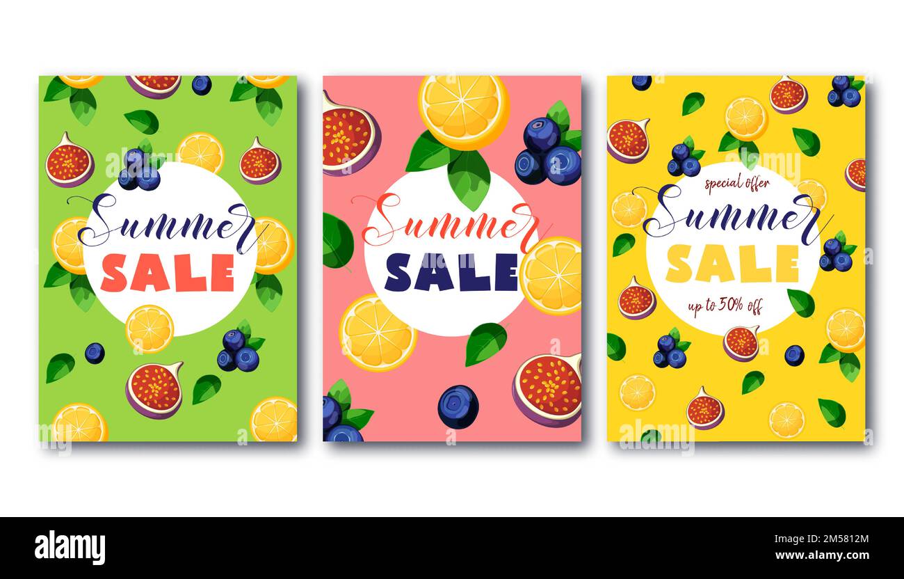 Summer sale flyers set template with bright colorful fruits lemon, figs