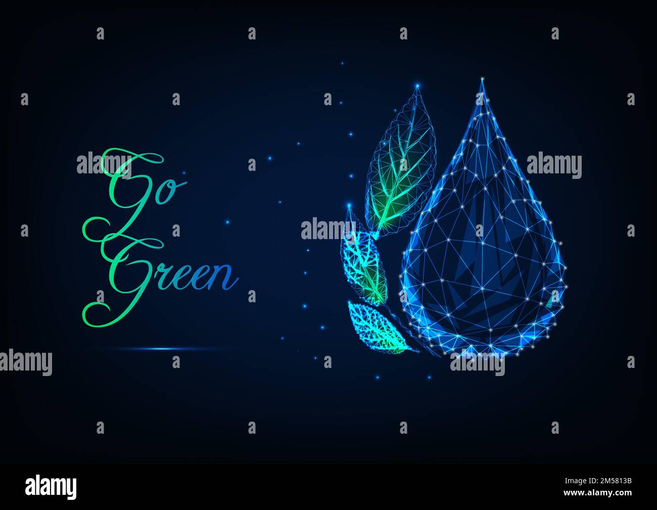 Ecology concept with glowing low polygonal water drop, green leaves and ...
