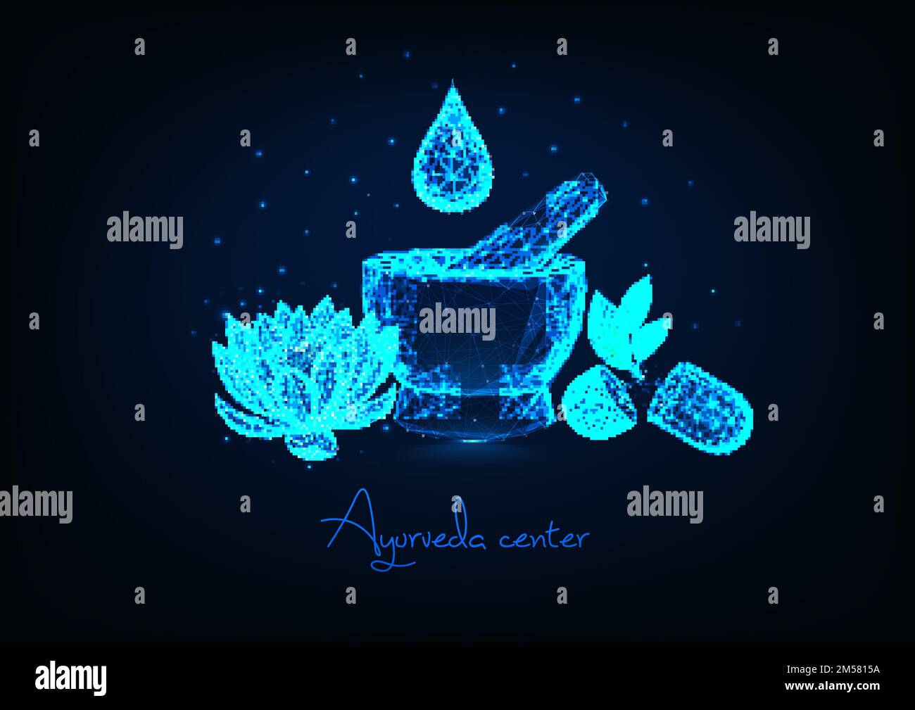 Futuristic ayurveda center concept with glowing low polygonal mortar, essential oil drop, lotus flower and herbal pills on dark blue background. Moder Stock Vector