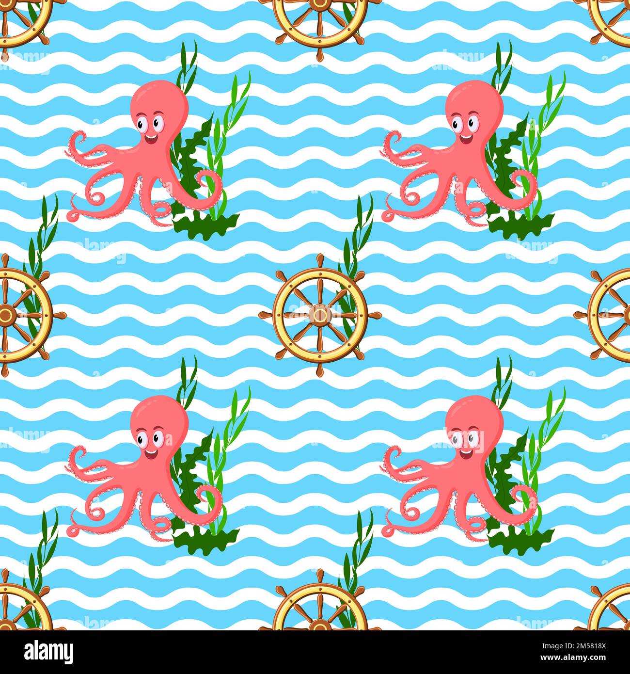 Seamless pattern with octopus, ship wheel, sea weeds and ocean waves. Vector illustration. Stock Vector