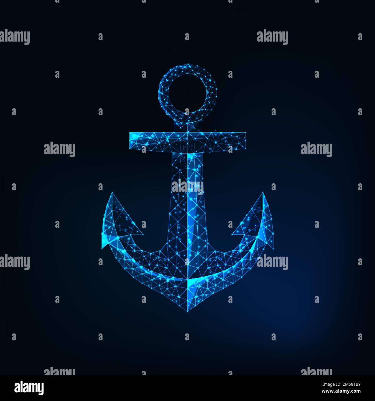 Futuristic glowing low polygonal anchor icon isolated on dark blue background. Sailing, sea adventure symbol. Wireframe design vector illustration. Stock Vector