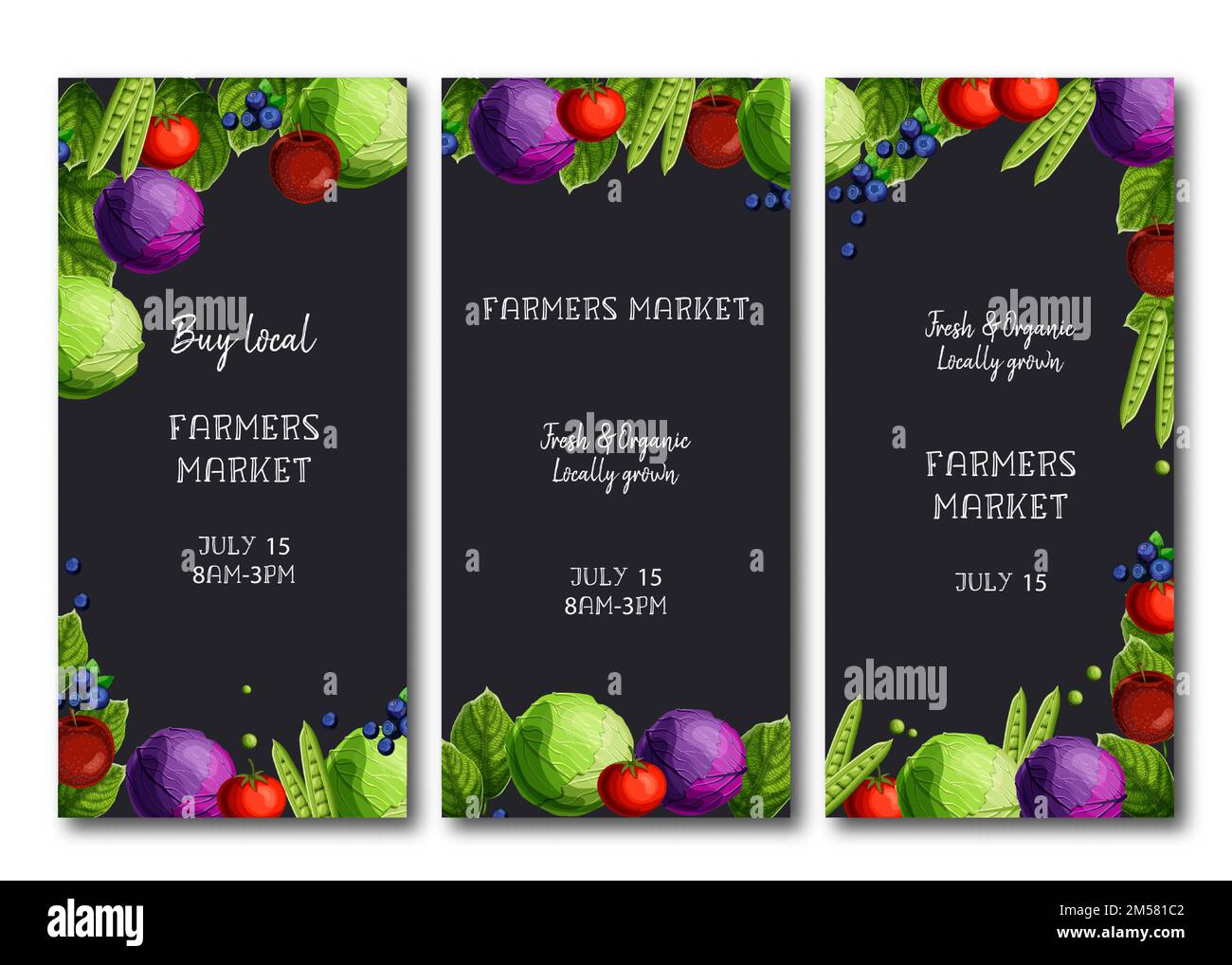 Farmers market flyers, brochure template with bright fresh cabbage, peas, tomato, apples, and blueberries and text on dark blue background. Cartoon st Stock Vector