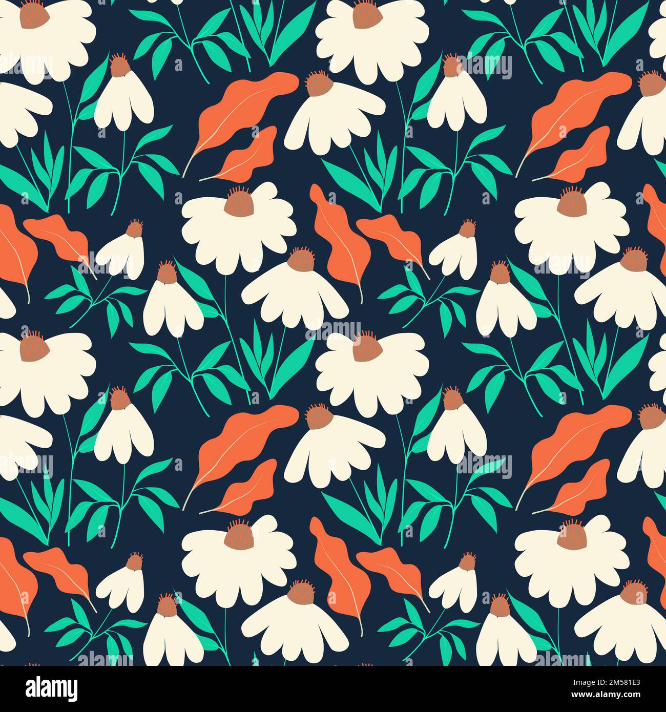 Seamless pattern with chamomile flowers and leaves on dark blue ...