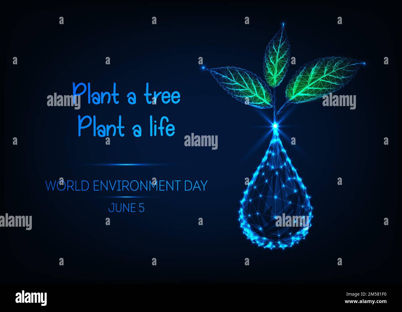 World Environment day web banner with water drop, green sprout plant and text plant a tree plant a life on dark blue background. Ecology concept. Futu Stock Vector