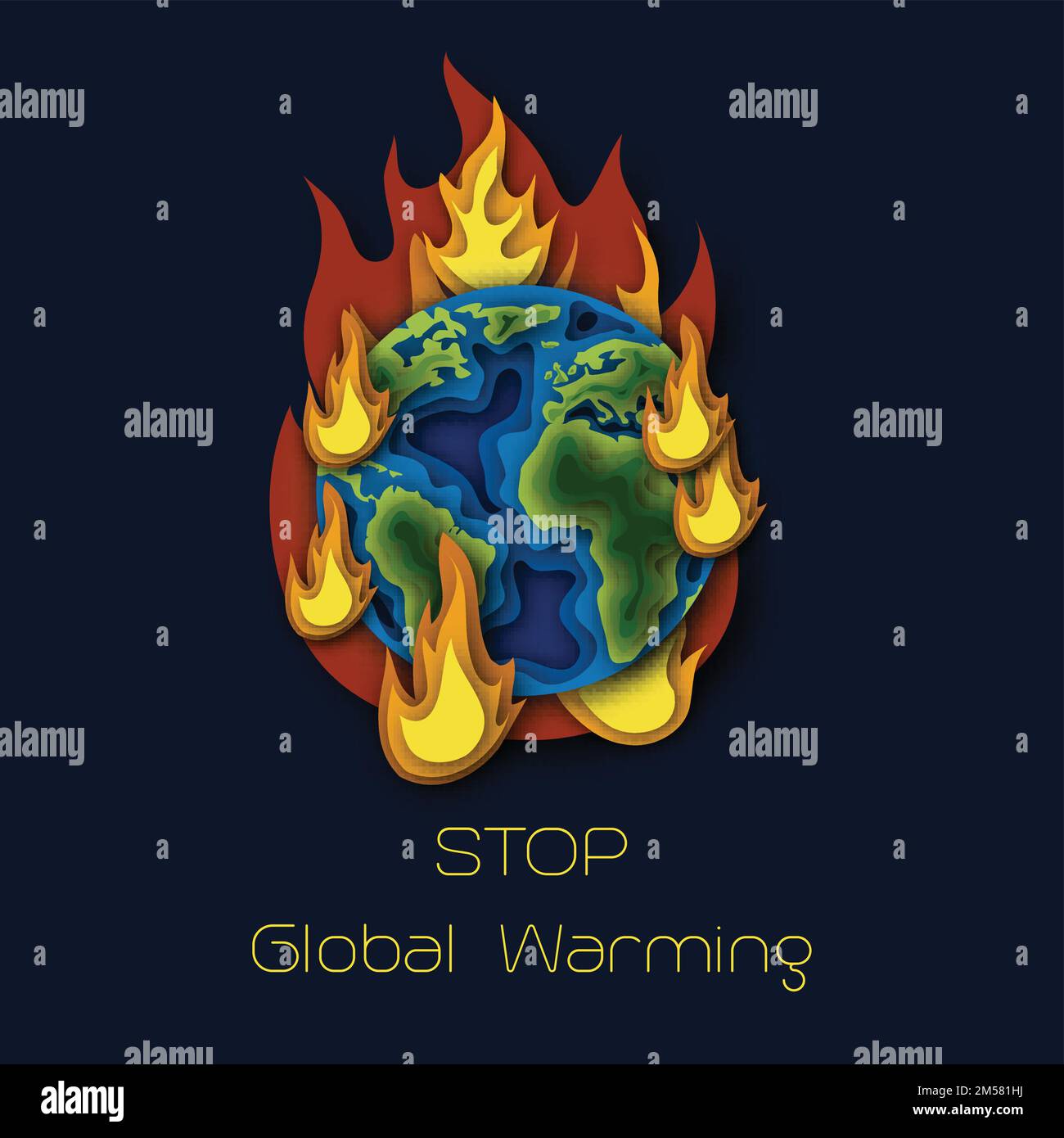 Stop global warming poster template with planet Earth globe burning in fire flame and text. Ecology concept. Paper cut out style vector illustration. Stock Vector