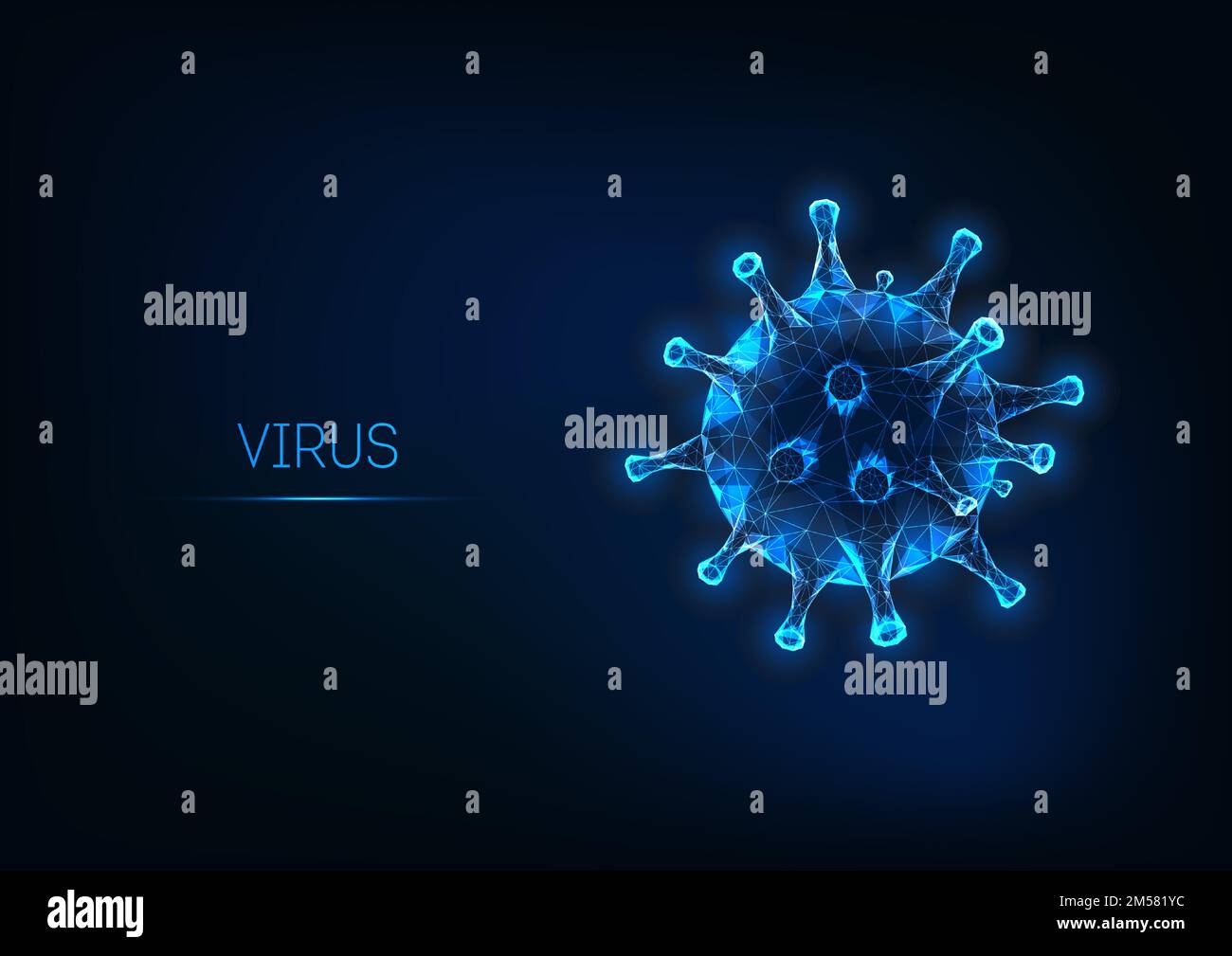 Futuristic Flu virus cell isolated on dark blue background. Pathogenic viral infection, epidemiology concept. Glowing low polygonal design vector illu Stock Vector