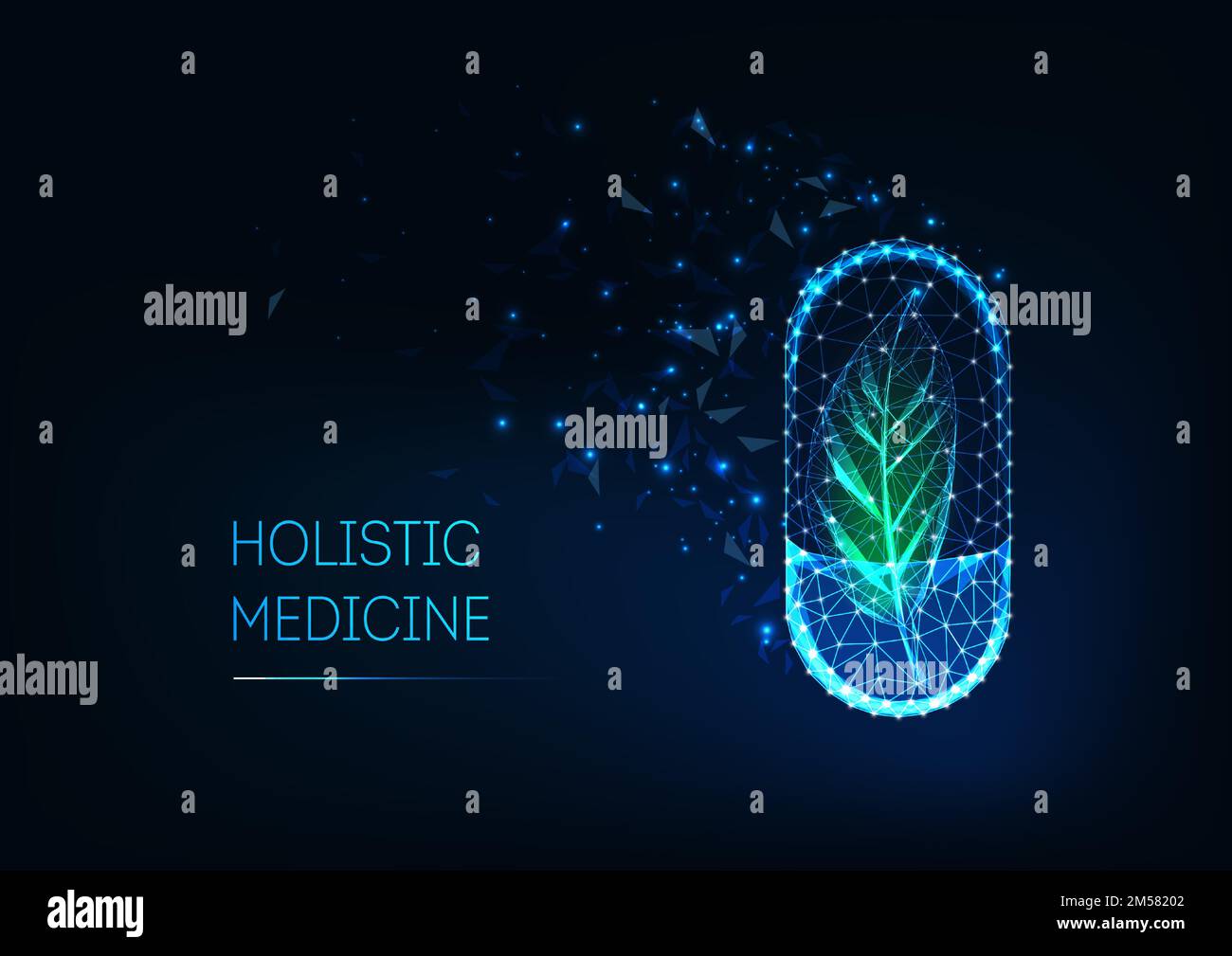 Holistic medicine concept with glowing futuristic low polygonal capsule pill and green leaf and text on dark blue background. Naturopathy, alternative Stock Vector