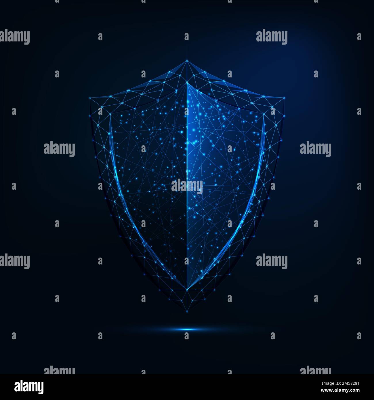 Futuristic glowing low polygonal guard shield symbol isolated on dark blue background. Cyber security. data protection concept. Modern wireframe desig Stock Vector