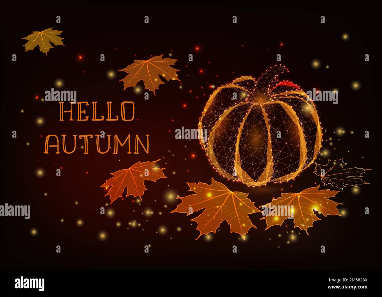 Hello Autumn greeting card template with glowing low polygonal orange ...