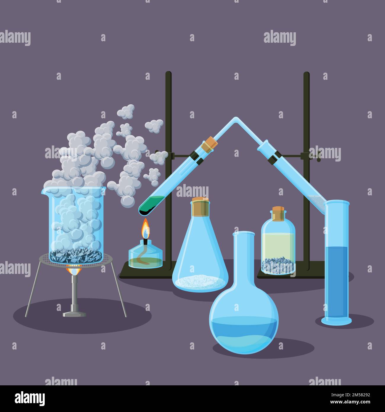 Chemical equipment and experiments abstract background on purple. Chemistry concept. Cartoon vector illustration in flat style. Stock Vector
