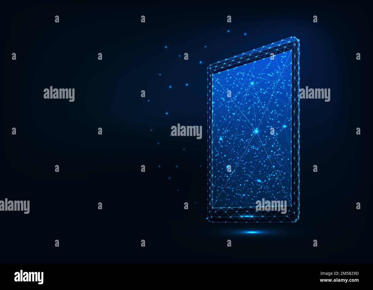 Futuristic glowing low polygonal tablet made of lines, stars, dots, triangles isolated with space for text on dark blue background. Modern wireframe d Stock Vector