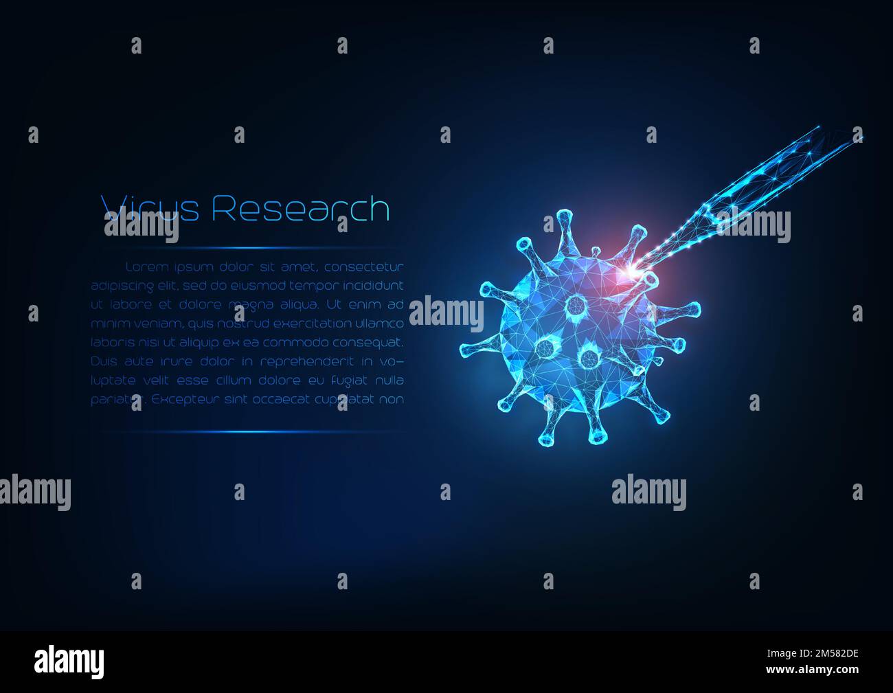 Viral infection research concept. Futuristic glowing low polygonal flu virus cell and medical pipette and copy space for text on dark blue background. Stock Vector
