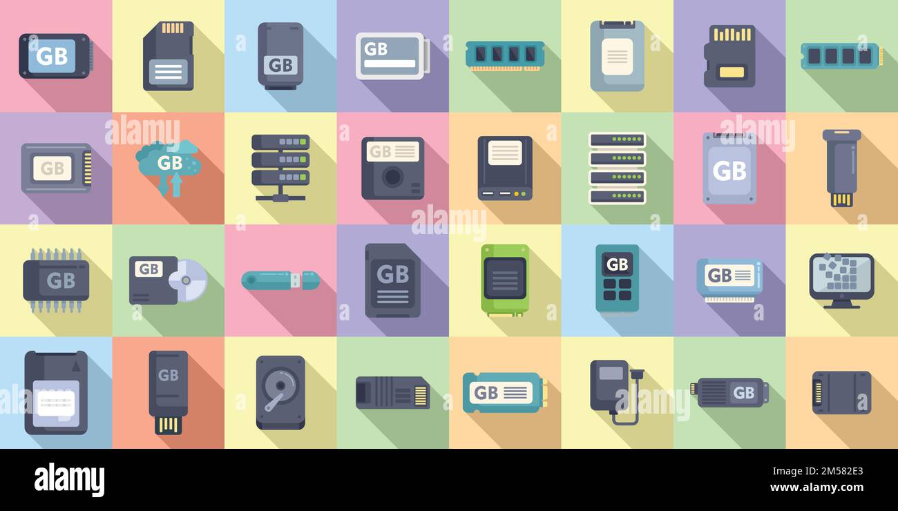 Gigabyte icons set flat vector. Big data. Cyber disk Stock Vector