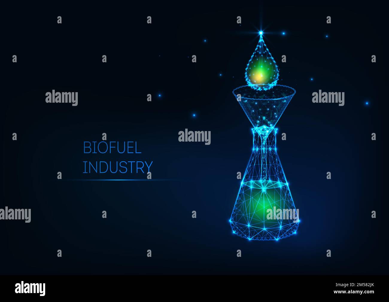 Futuristic design biofuel industry concept with glowing low polygonal green petroleum drop, laboratory funnel, flask isolated on dark blue background. Stock Vector