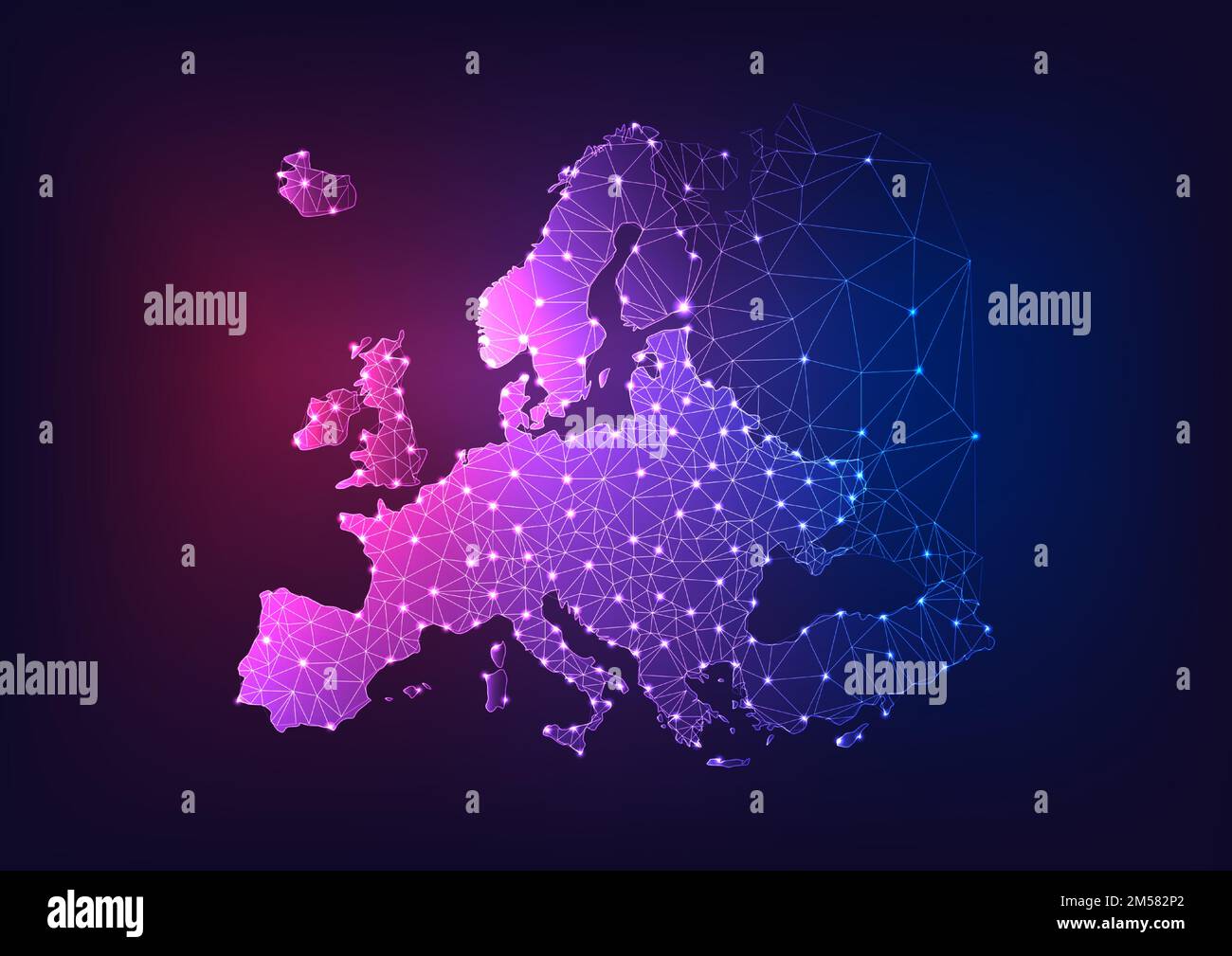 Futuristic glowing low polygonal Europe continent map made of lines, stars, dots, triangles isolated on dark blue and purple background. Network conne Stock Vector