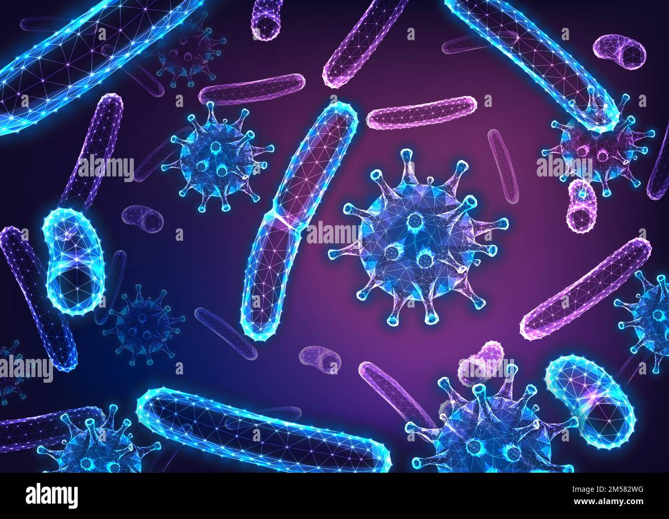 Futuristic glowing low polygonal abstract background with bacilli bacteria and flu virus cells under microscope on dark blue and purple. Epidemy conce Stock Vector