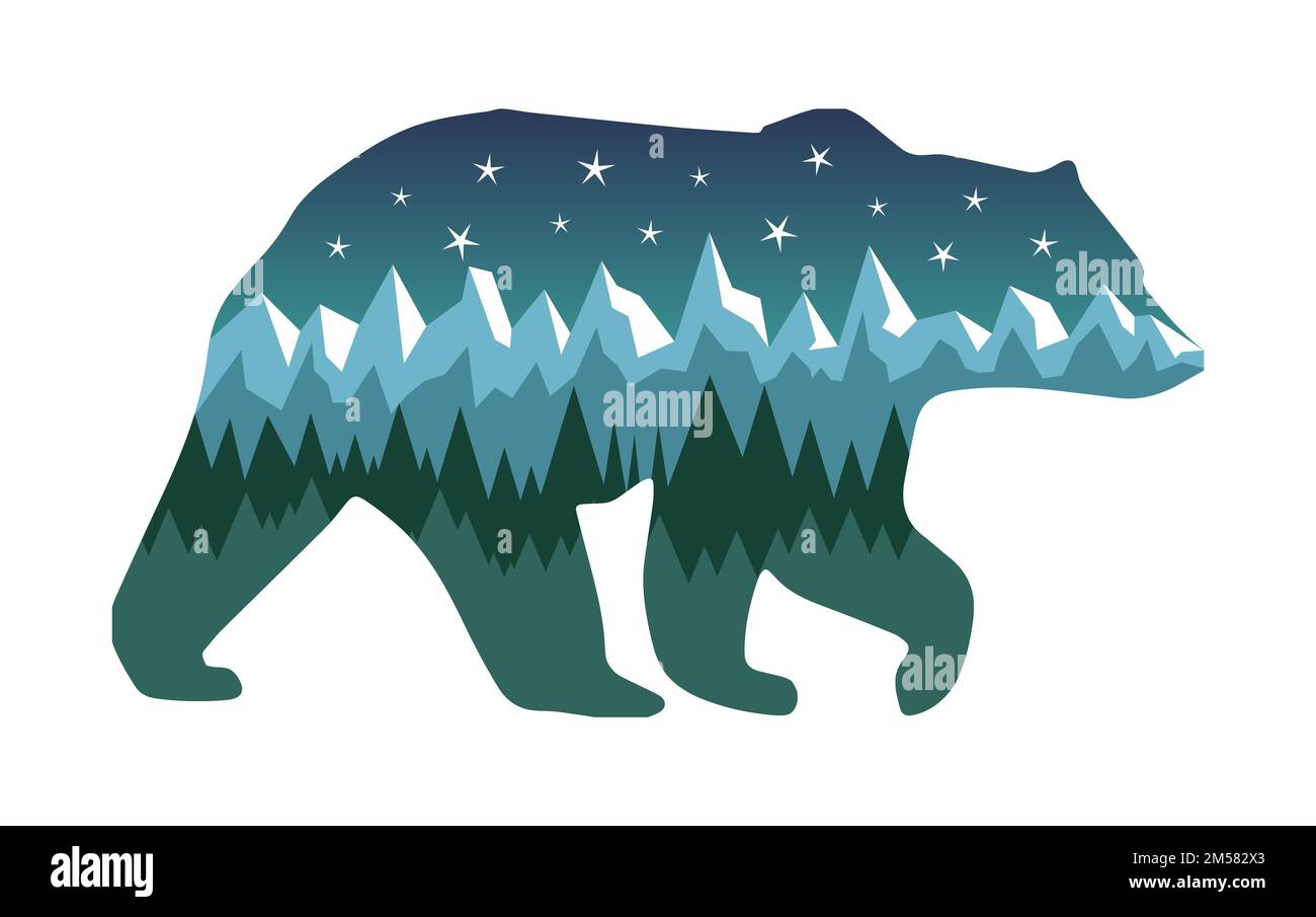 Bear with mountains, glaciers, wood and starry night sky. Nature
