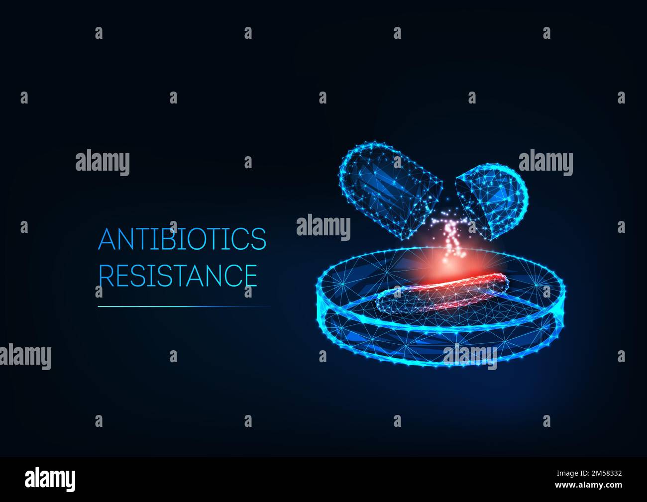 Antibiotics resistance concept. Medical research of super bacteria. Futuristic glowing low polygonal antibiotics pills, bacteria on Petri dish isolate Stock Vector
