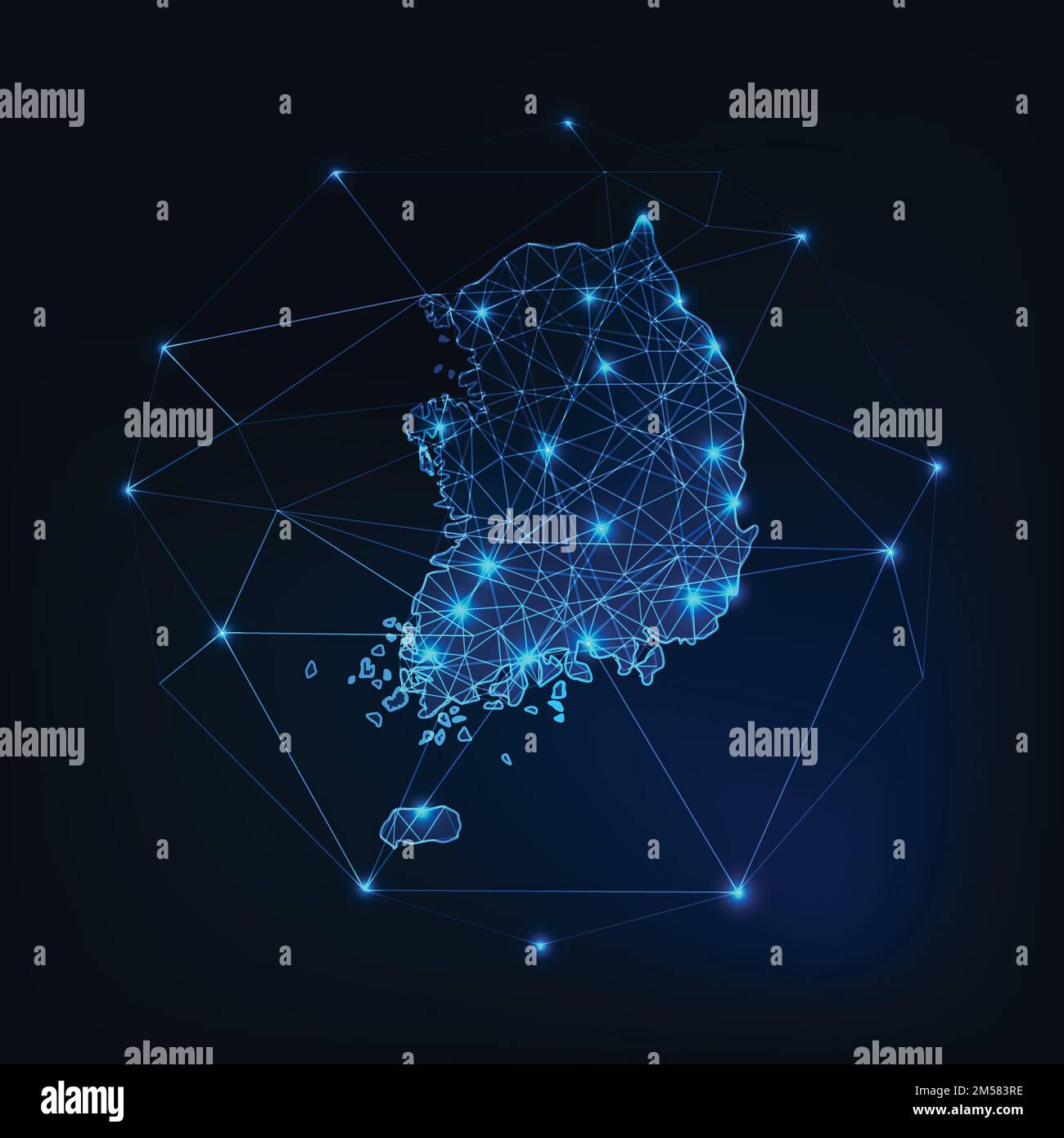 South Korea map glowing silhouette outline made of stars lines dots triangles, low polygonal shapes. Communication, internet technologies concept. Wir Stock Vector