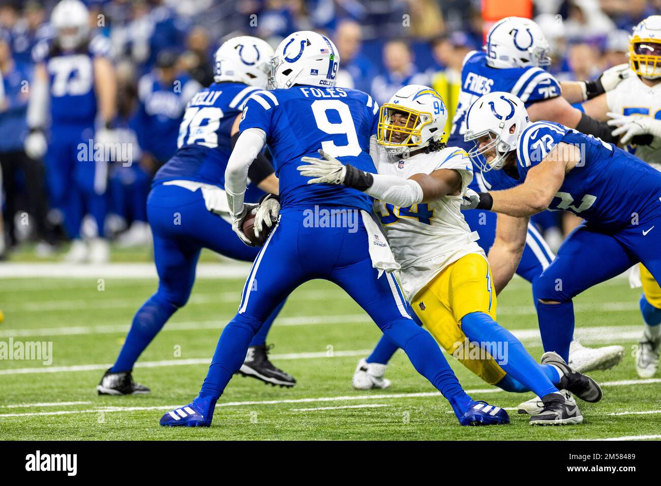 Indianapolis, Indiana, USA. 26th Dec, 2022. Los Angeles Chargers linebacker  Chris Rumph II (94) sacks Indianapolis