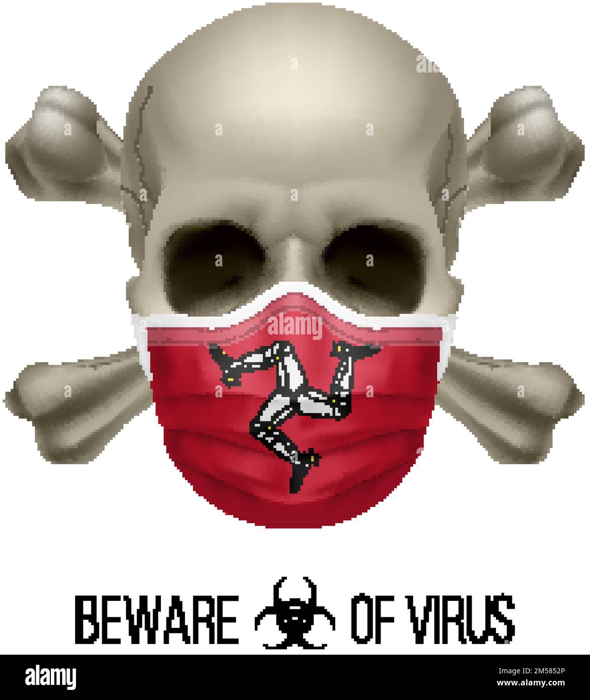 Human Skull with Crossbones and Surgical Mask in the Color of National Flag Isle of Man. Mask in Form of the Flag and Skull as Concept of Dire Warning Stock Vector
