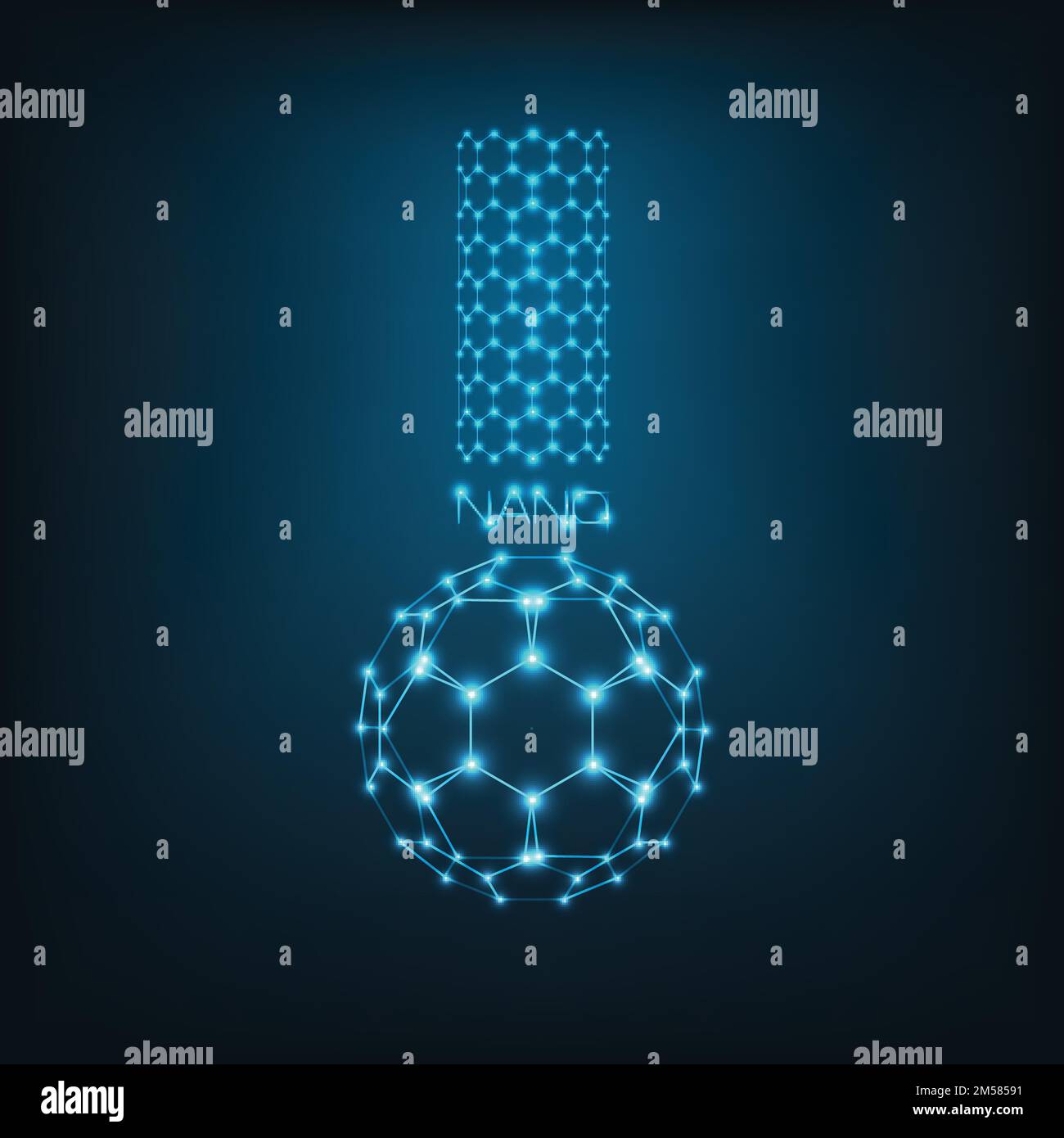Nanoscience, nanotechnology concept with carbon nanotube and buckyball fullerene and word nano in shape of chemical beaker, test tube. Nano logo. Poly Stock Vector