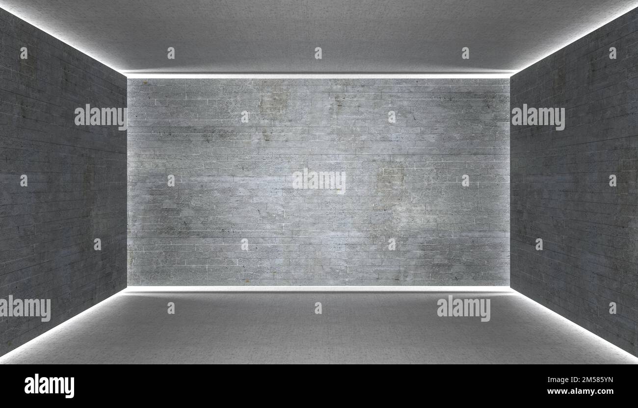 interior with reinforced concrete walls and lights on the corners. 3d render Stock Photo