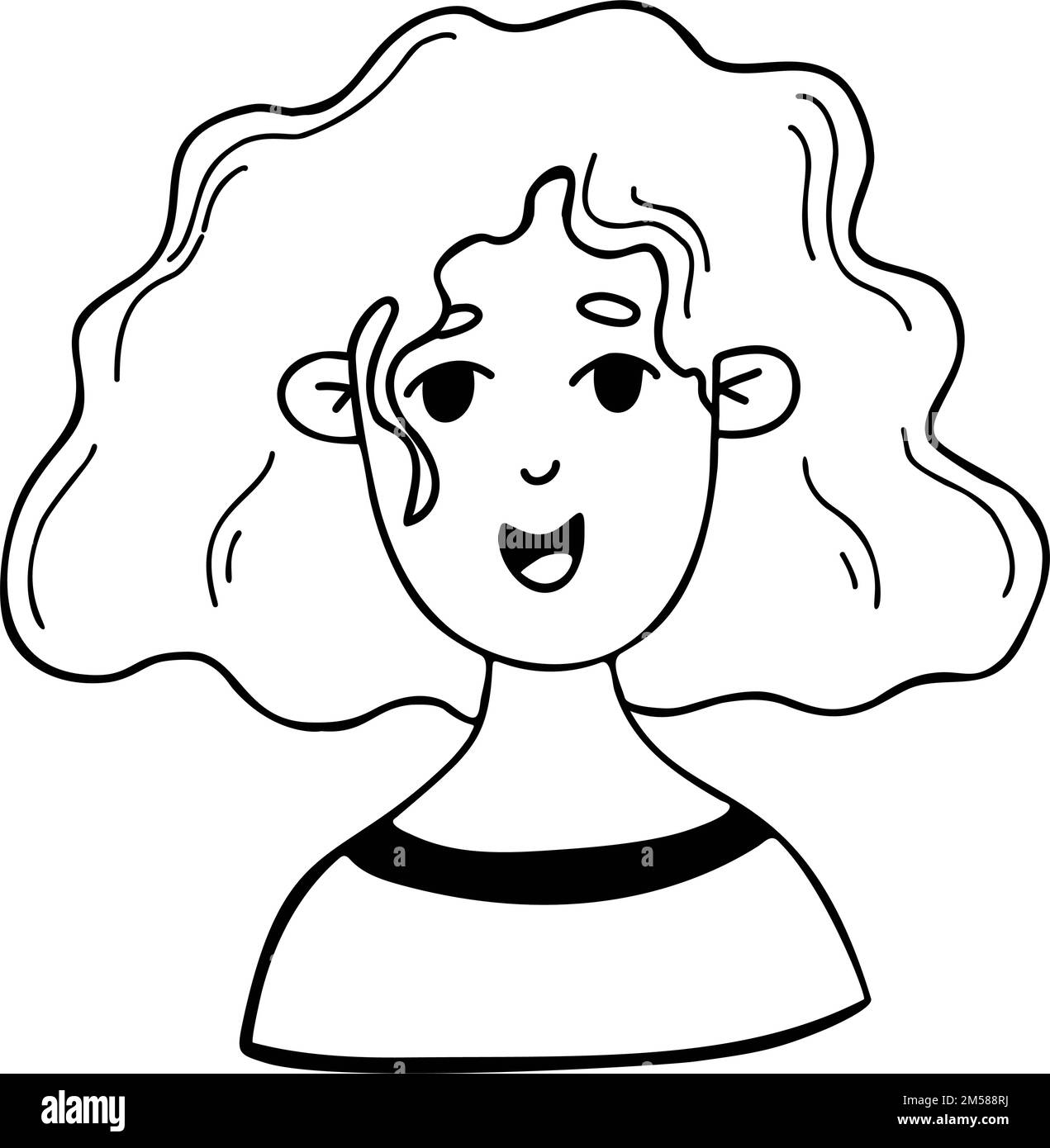 Cute joyful curly girl. Woman portrait in cartoon doodle style. Vector