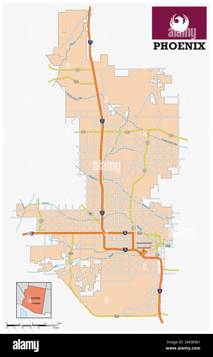 simple road map of the city of Phoenix, Arizona, United States Stock Photo